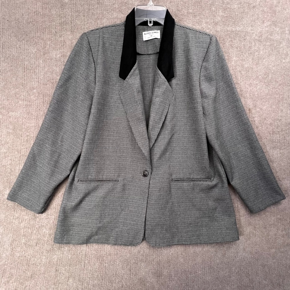 Vintage Alfred Dunner Houndstooth Blazer Petite 16 Black‎ Velvet Collar Career